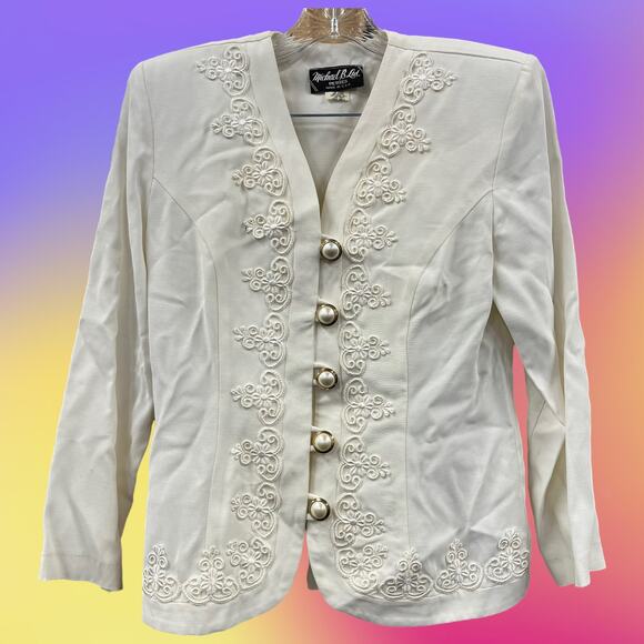 VTG Michael B. Petites Skirt Suit USA Made Button Blazer Lace Embroidered Pearl - Picture 1 of 16